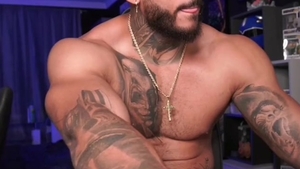 Inked boyfriend riding large dildo